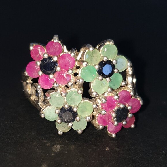 One-of-a-Kind Vintage Natural Emerald, Ruby & Sapphire 925 Silver Statement Ring - Picture 5 of 14